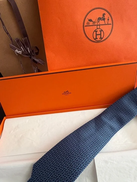 Hermès Navy and Light Blue Patterned Silk Tie with Label - Picture 4 of 5